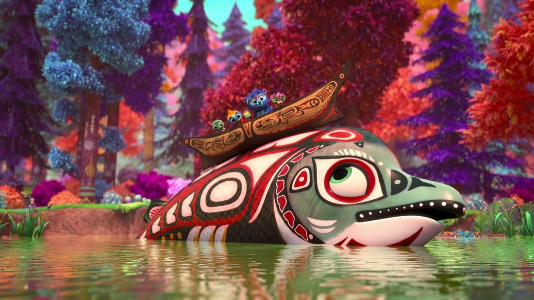 Native Salmon character with canoe on its back