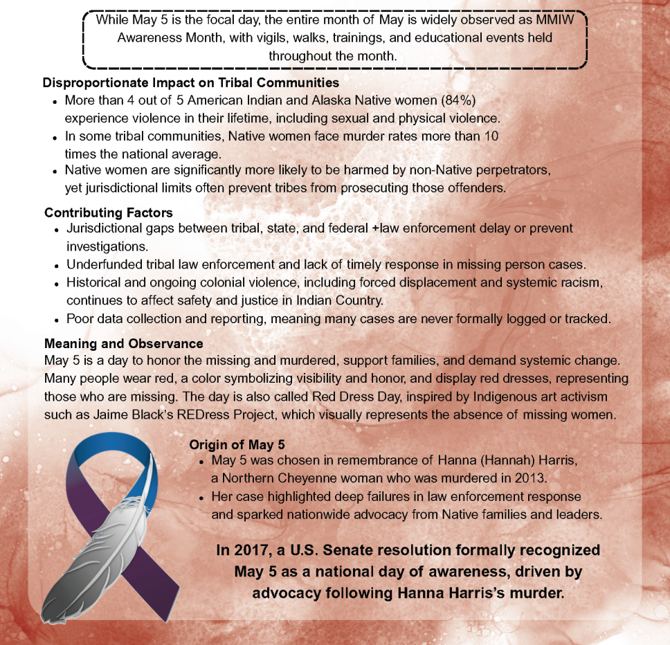 Facts on Missing Murdered Indigenous Peoples Month on a red background graphic with a Pathways to Healing ribbon. 